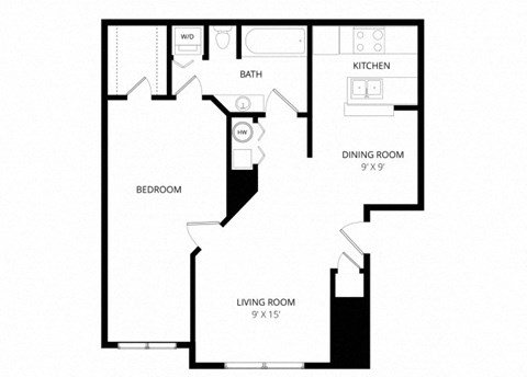 Floor plan for 1 bed, 1 bath, 731 sqft